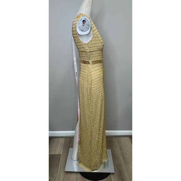 MAC DUGGAL Gold Beaded Cap Sleeve V Neck Column Gown In Gold US 2 $598 - Picture 8 of 10